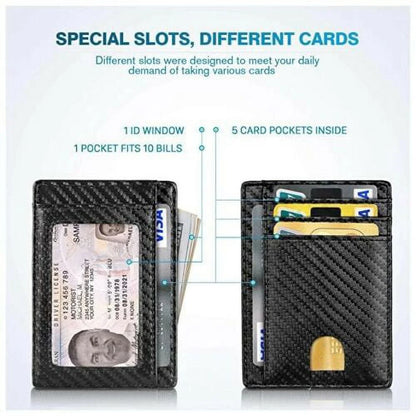 Slim Minimalist Front Pocket RFID Blocking Leather Wallets for Men Women Carbon Fiber