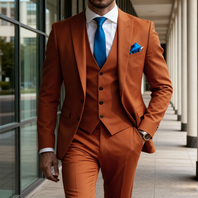 Mens Three-Piece Solid-Color High-End Stylish Suit With A Sophisticated Vibe
