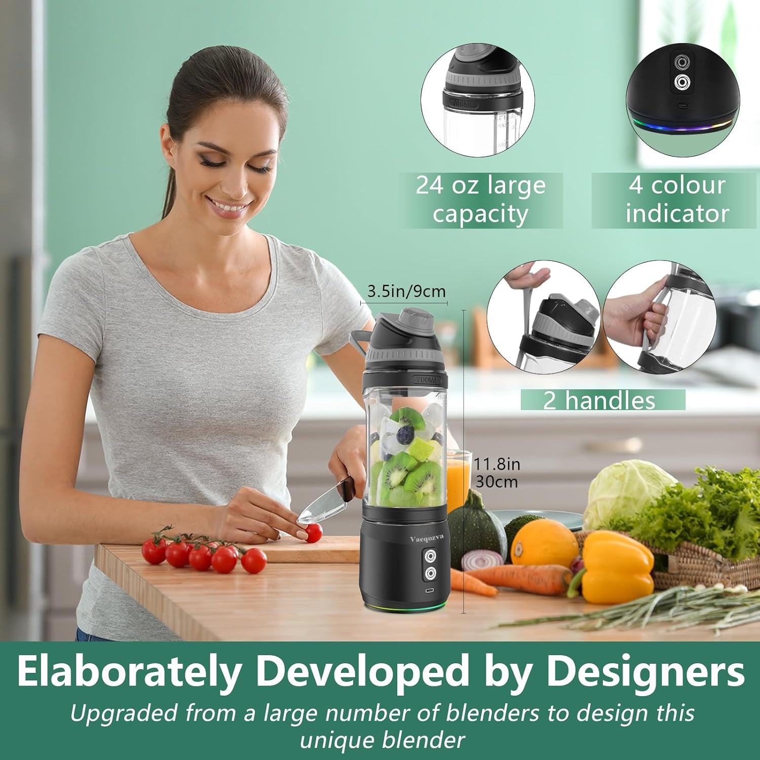 Portable Blender for Shakes and Smoothies, 24Oz 300W Travel Blender on the Go USB Rechargeable Personal Blender for Smoothies Protein Shakes with a Travel Lid & BPA Free Bottle(Grey Cap Black Body)