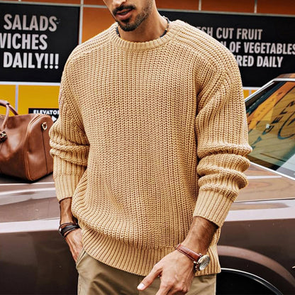 Men's Solid Color Long Sleeve Round Neck Fashion Sweater Loose Retro Sweater