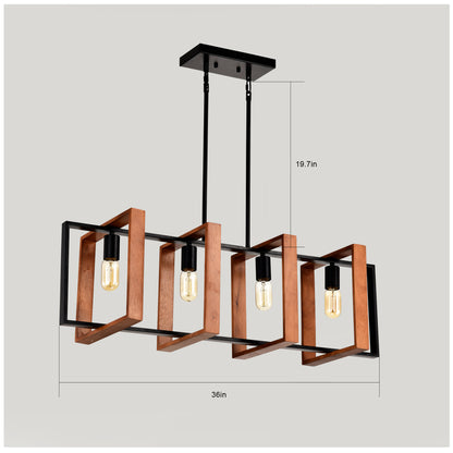 4-Light Kitchen Island Lights Pendant Light Farmhouse Dining Room Light Fixture, Rustic Wood And Black Metal Rectangular Chandelier, Hanging Lighting For Living Room,Conference Room, Home Office