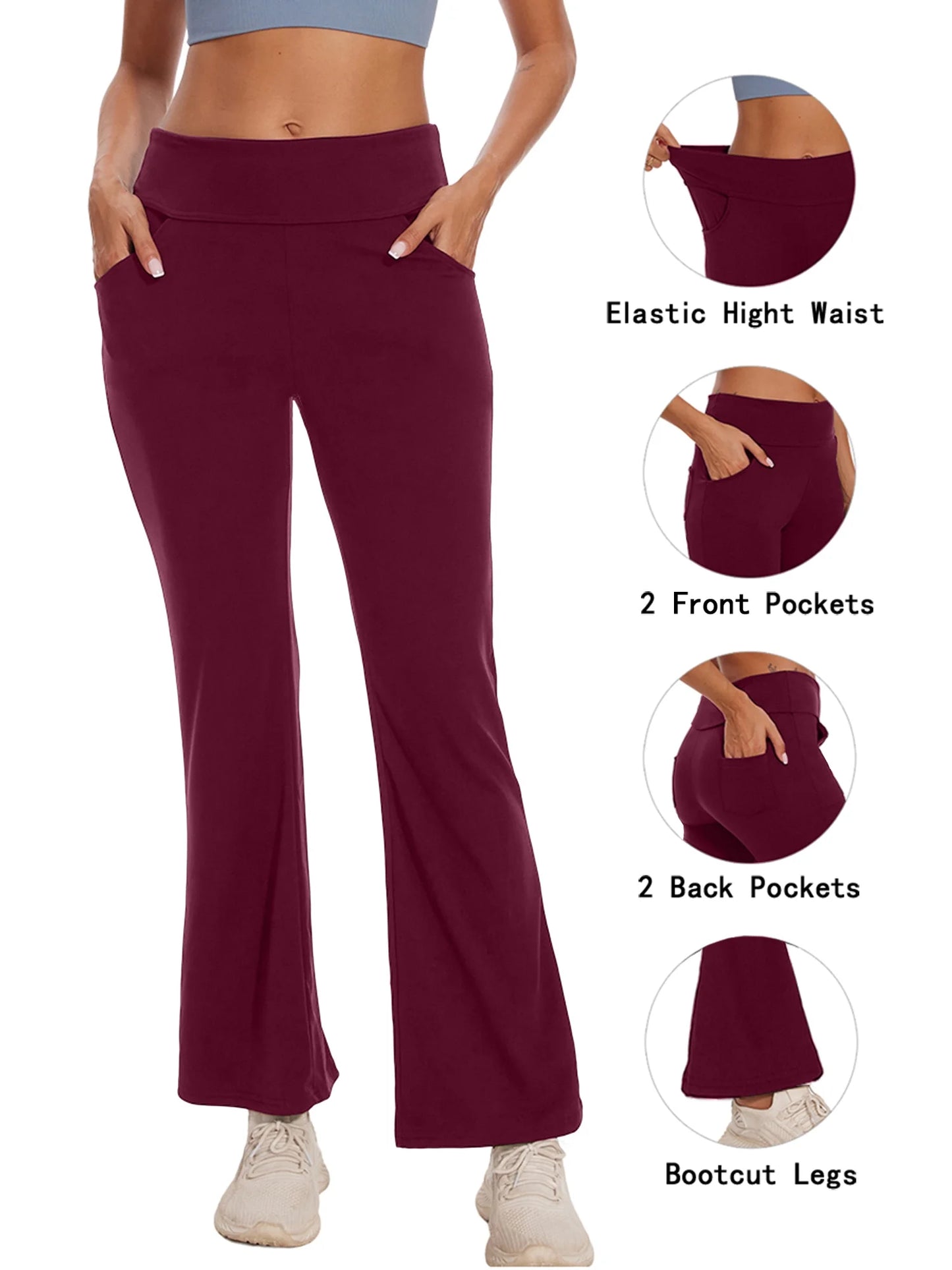 Womens Bootcut Yoga Pants with Pockets Flare Workout Legging High Waist Lightweight Bottoms Activewear Dark Red M