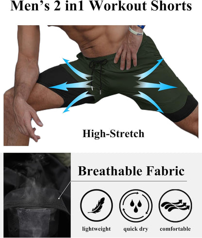 Men'S 2 Pack Running Shorts 2 in 1 Workout Shorts Quick Dry Gym Training Athletic Jogger with Phone Pockets