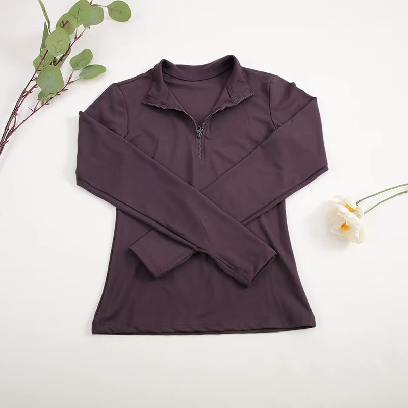 CHRLEISURE Long Sleeve Yoga Shirts Half-Zip Sports Top with Thumbholes Elastic Breathable Fitness Blouse for Women Activewear