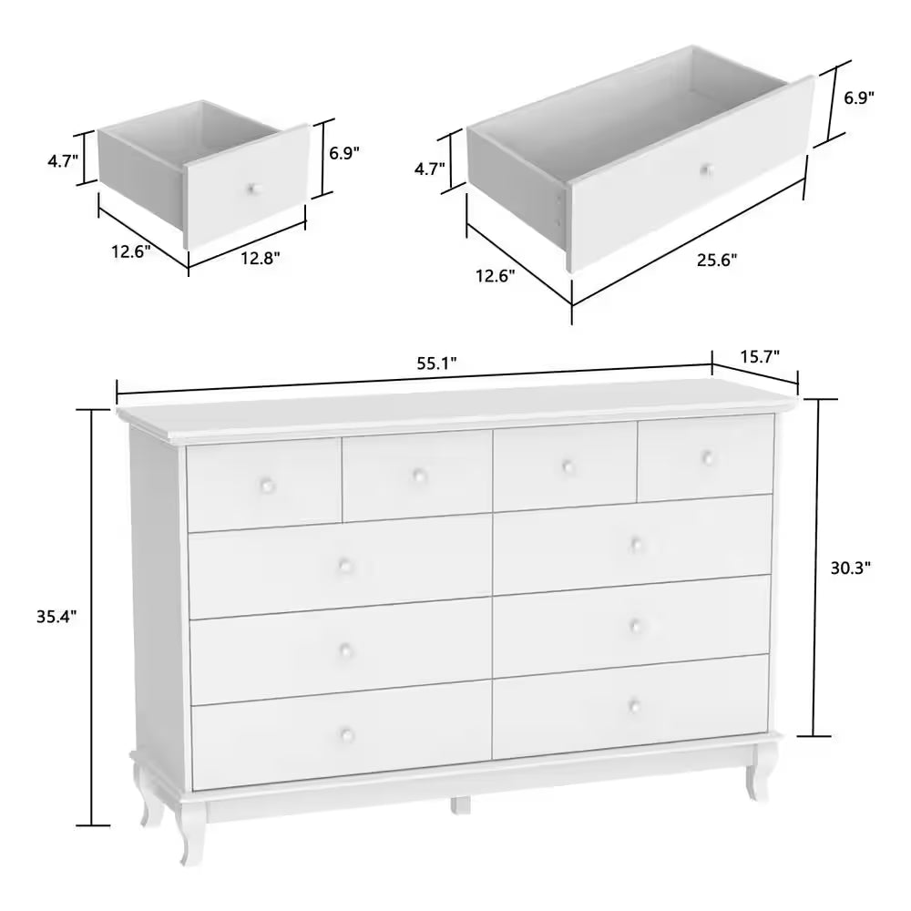10-Drawer White Paint Finish Dresser Chest of Drawers Cabinet 35.4 In. H X 55.1 In. W X 15.7 In. D