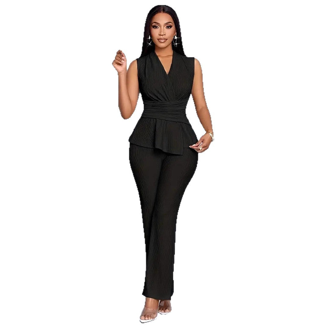 Womens Two Piece Set V Neck Sleeveless Asymmetrical T Shirt And Wide Leg Pants