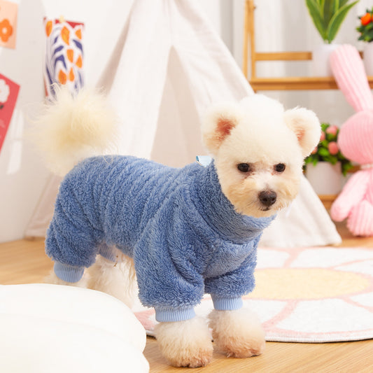 Dog Clothes Four-legged Pet Clothing Autumn And Winter Double-sided Thick Plush High Collar Warm Pet Clothes Cute Towing Ring