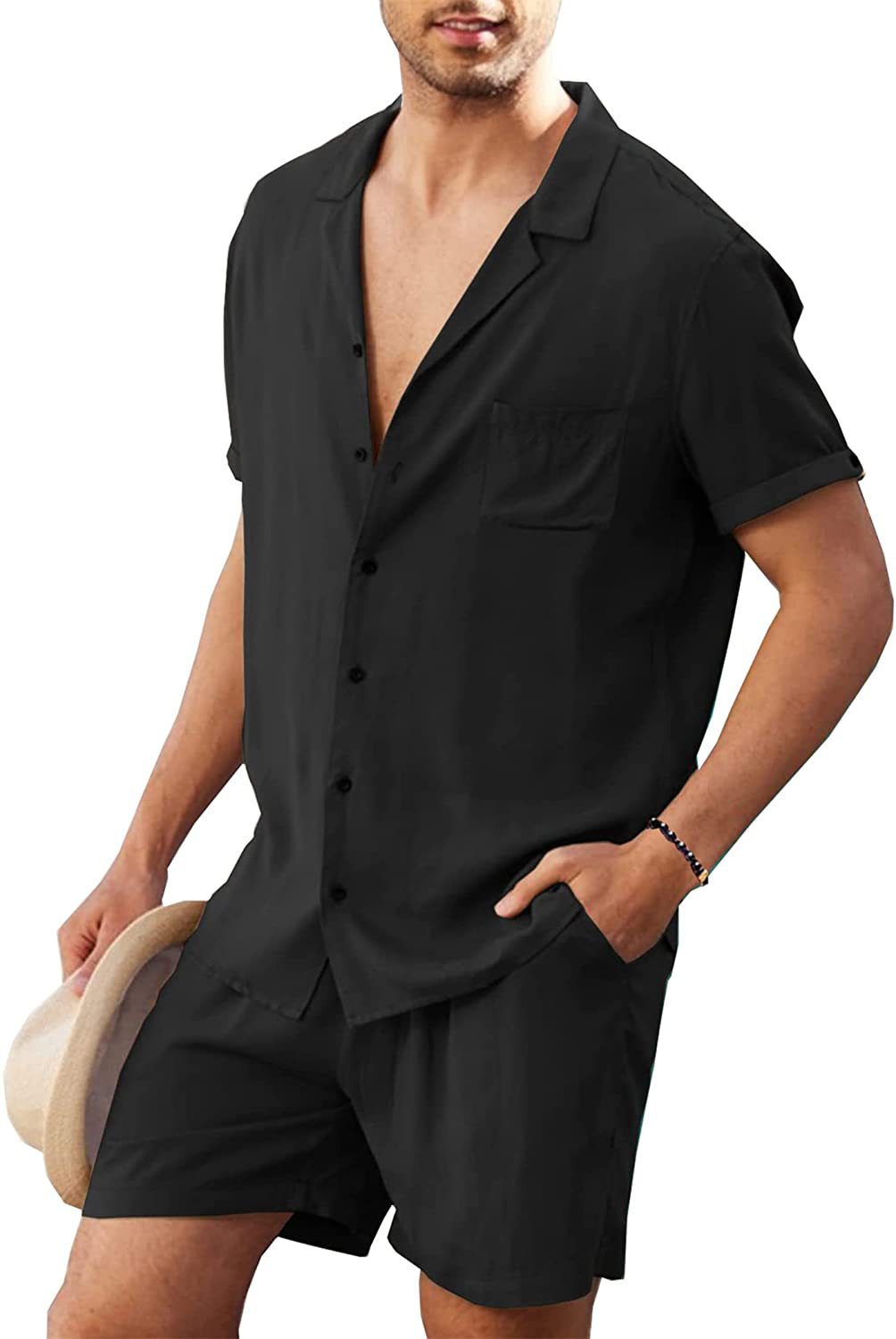 Men's Short Sleeve Shirt Suit Summer Lapel Button Top With Pocket And Drawstring Shorts Fashion Beach Suits