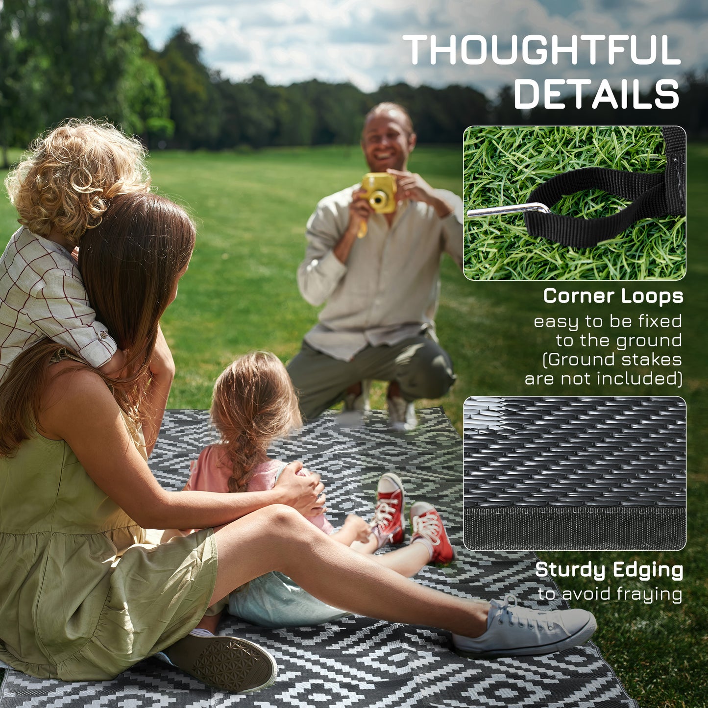 Reversible Outdoor Rug Carpet RV Camping Rugs with Carry Bag, 8' x 10', Black & Gray Geometric