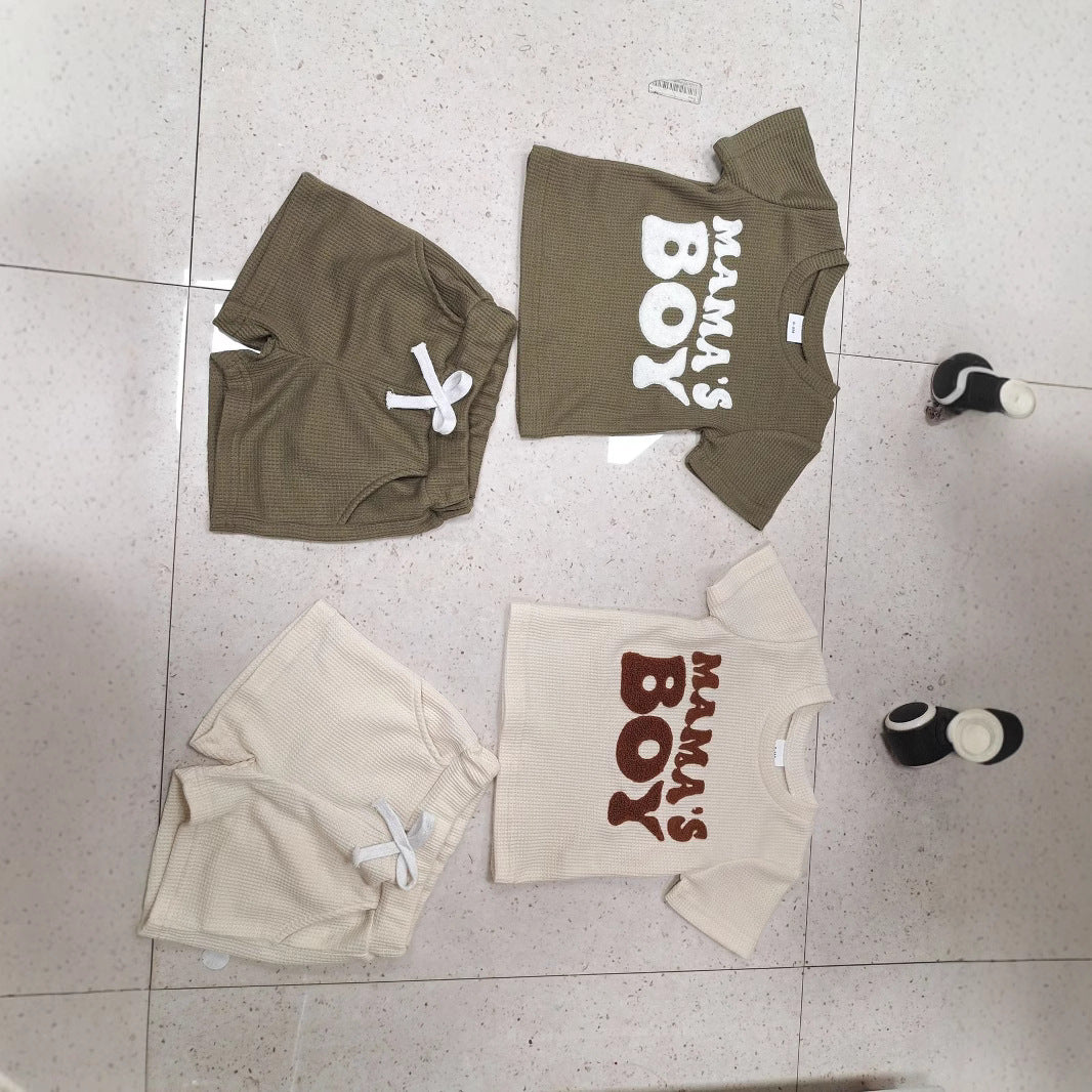 Waffle Towel Embroidery Short Sleeve Shorts Suit