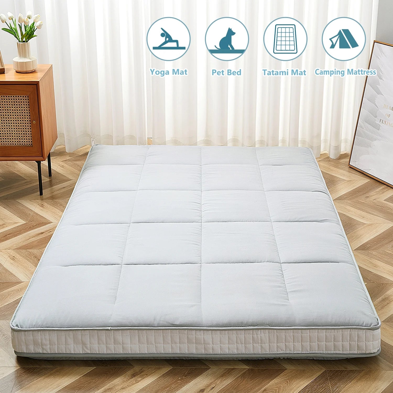 Gray Floor Mattress with Storage Bag Japanese Futon Mattress Extra Thick Folding Sleeping Pad Futon Mattress Portable Camping Mattress, Twin