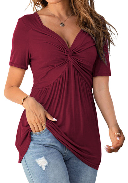 Women's V-neck Front Twist Shirt Short Sleeve Elegant Casual T-shirt