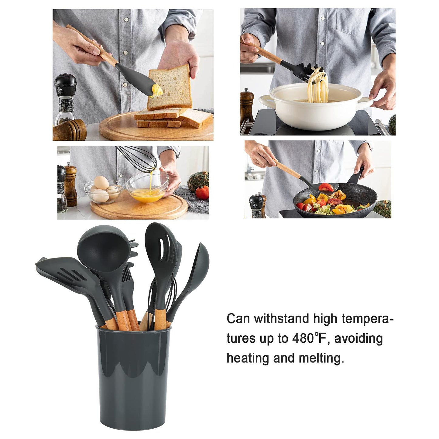 12 Pieces&set Silicone Kitchen Utensils, Wooden Handle Non-stick Cooking Cutlery Set, Withstand 480 F Silicone Kitchen Utensils, Silicone Beech Cooking Spoon Set Kitchen Accessories For The Kitchen A
