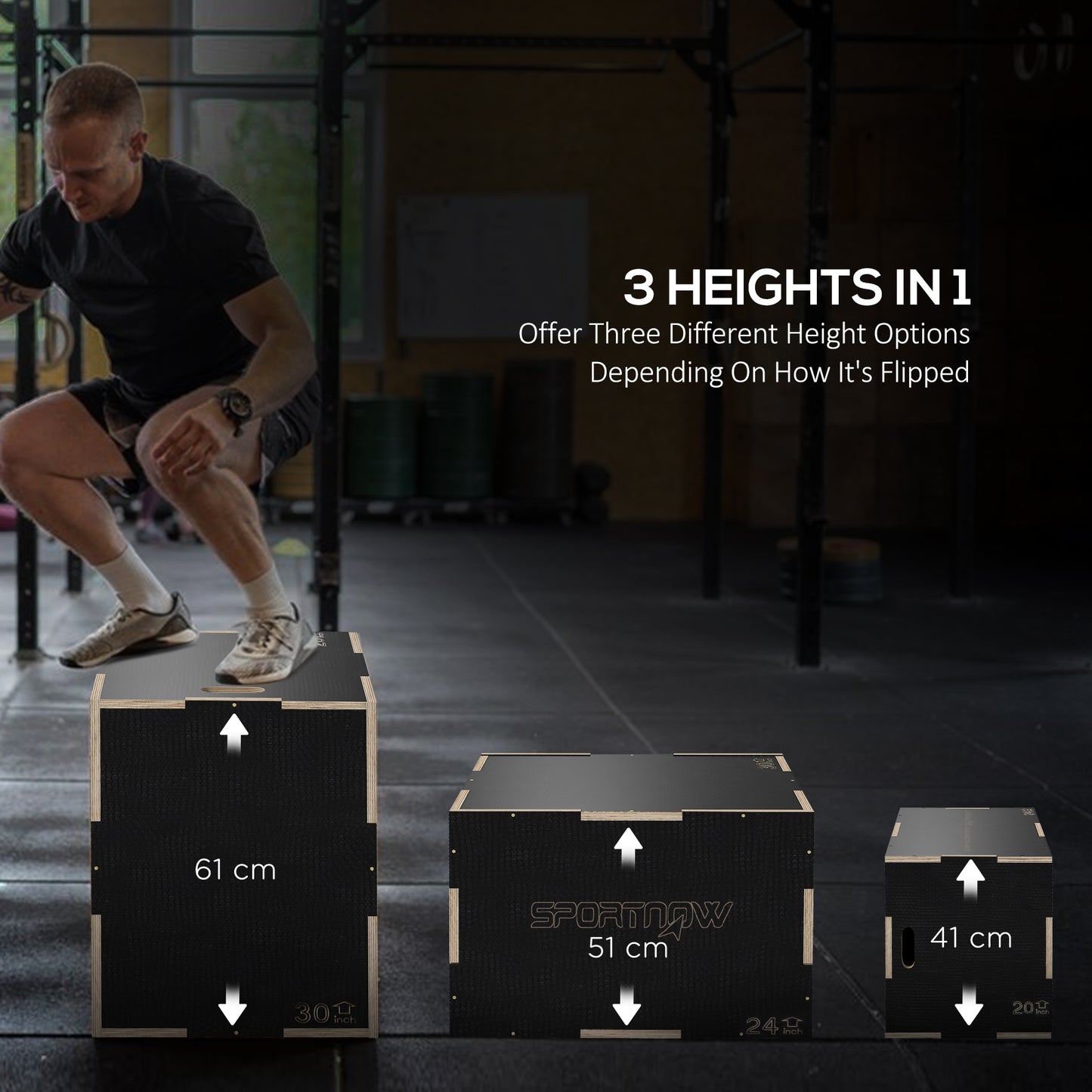 SPORTNOW Multi-Faceted Jump Box, Wooden Step Up Box, For Home, Gym, Exercise, 41/51/61cm - Black