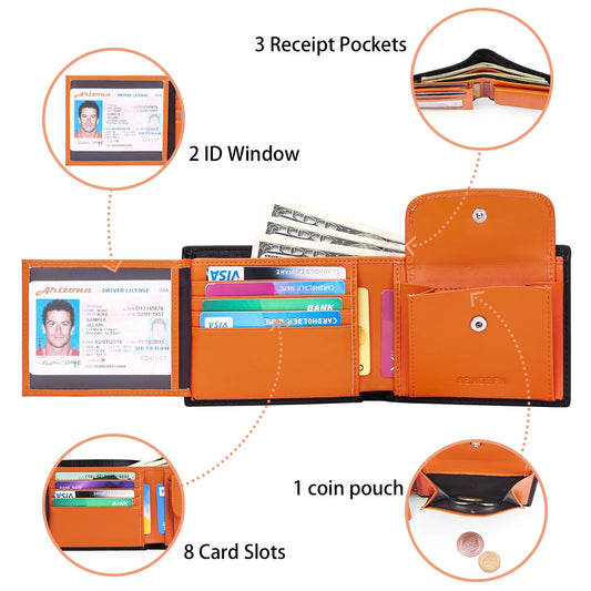 Trifold Wallets for Men-Rfid-Blocking Genuine Leather Wallet with 8 Card Slots