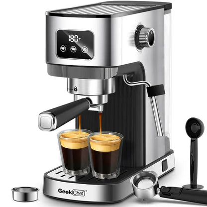 Geek Chef Espresso Machine, Cappuccino & Latte Machine With ESE POD Filter & Milk Frother Steam Wand, Accurate Temperature & Time Control, Compact Coffee Machine For Home,Stainless Steel
