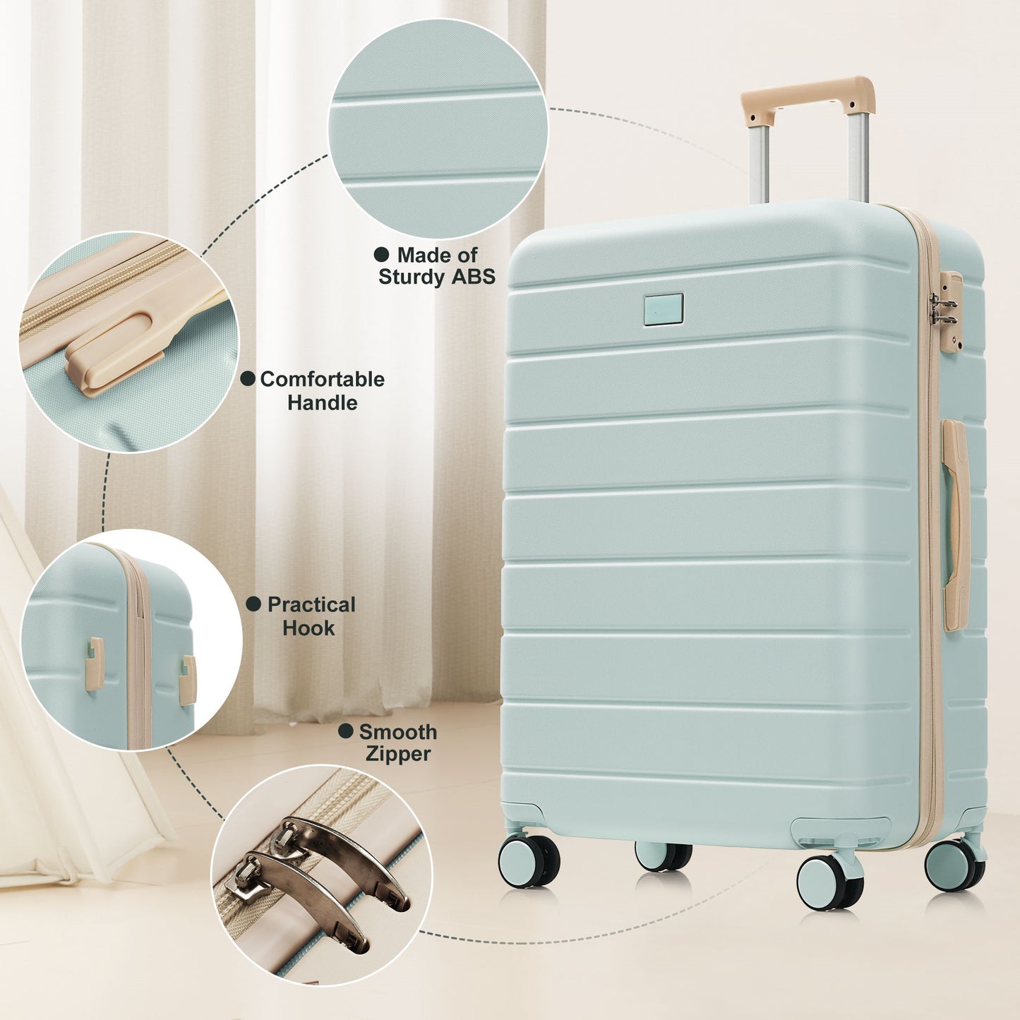 Premium ABS Travel Luggage Set , 3-Piece TSA Lock Suitcase Ensemble With 20, 24, And 28 Inch Sizes With 360  Spinner Wheels, Grey Green