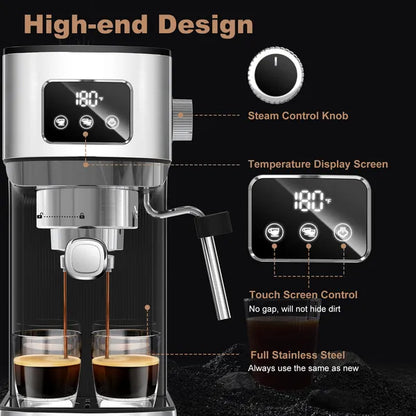 Geek Chef Espresso Machine, Cappuccino & Latte Machine With ESE POD Filter & Milk Frother Steam Wand, Accurate Temperature & Time Control, Compact Coffee Machine For Home,Stainless Steel