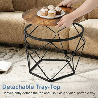 Modern Geometric Style Coffee Table Set  2-piece   Round Stackable Side Table With Hidden Storage Space