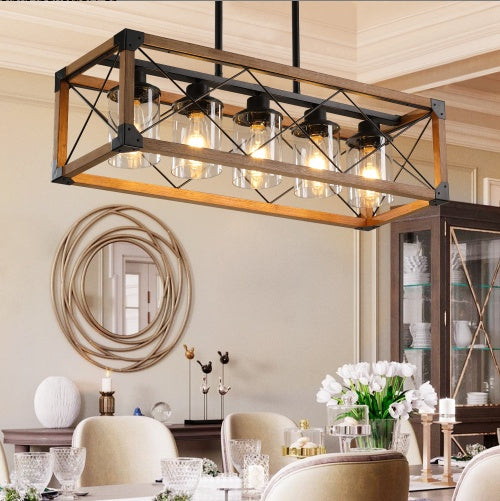 32 Inch Walnut Industrial Farmhouse Rectangle Pendant Light, 5-Light Chandelier With Lampshades For Dining Room, Kitchen Island, Cafe Decor No Bulbs
