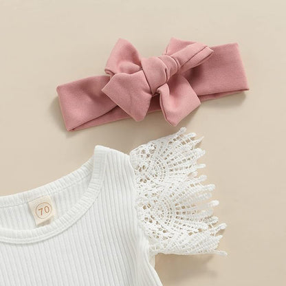 3Pcs Infant Baby Girl Outfits,Summer Clothes Sets Ruffle Ribbed Romper