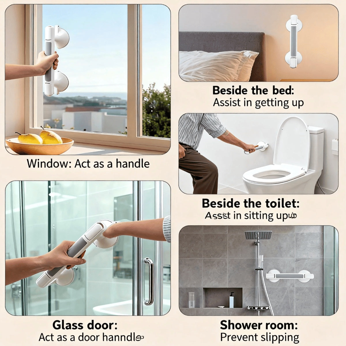 12 Inch Shower Grab Bar With Strong Suction Cups, No Drill Bathroom Safety Handle With Anti-Slip Grip, Portable Balance Assist Handrail For Elderly Seniors Handicap, Window Glass Door Pull Handle