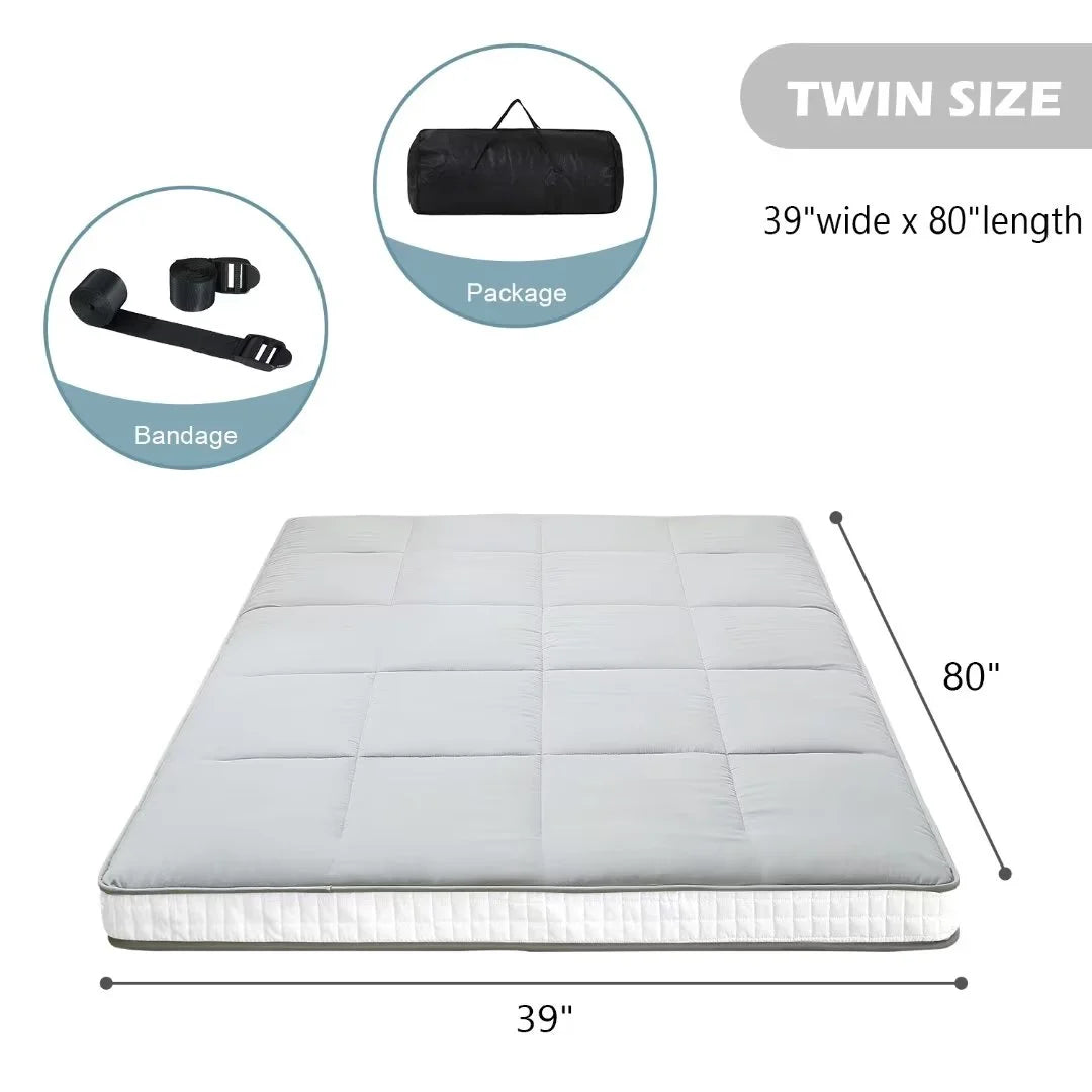 Gray Floor Mattress with Storage Bag Japanese Futon Mattress Extra Thick Folding Sleeping Pad Futon Mattress Portable Camping Mattress, Twin