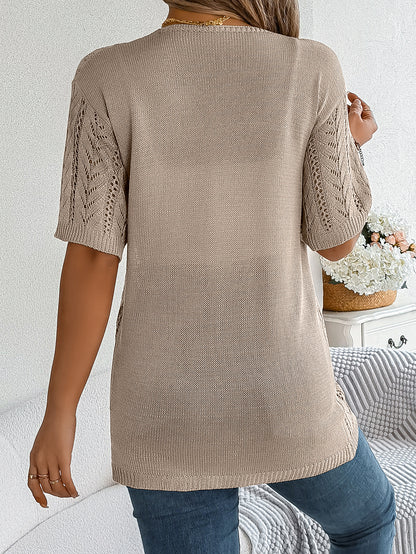 Women S Solid Color Hollow Out Short Sleeve Knit Cardigan Cover-Up
