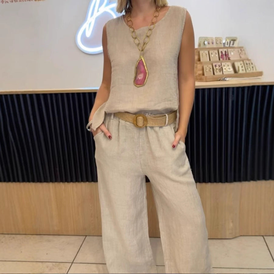 Women's Casual Round Neck Vest Cotton Linen Sleeveless Trousers Two-piece Suit