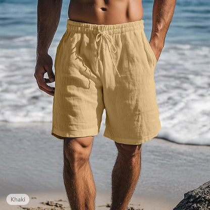 Cotton Linen Shorts Drawstring Elastic Waist Straight Leg