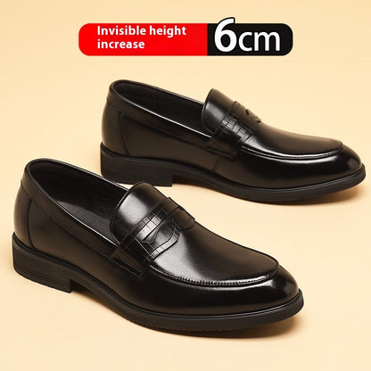 Cowhide Business Formal Wear Men's Slip-on Invisible Height Increasing Leather Shoes