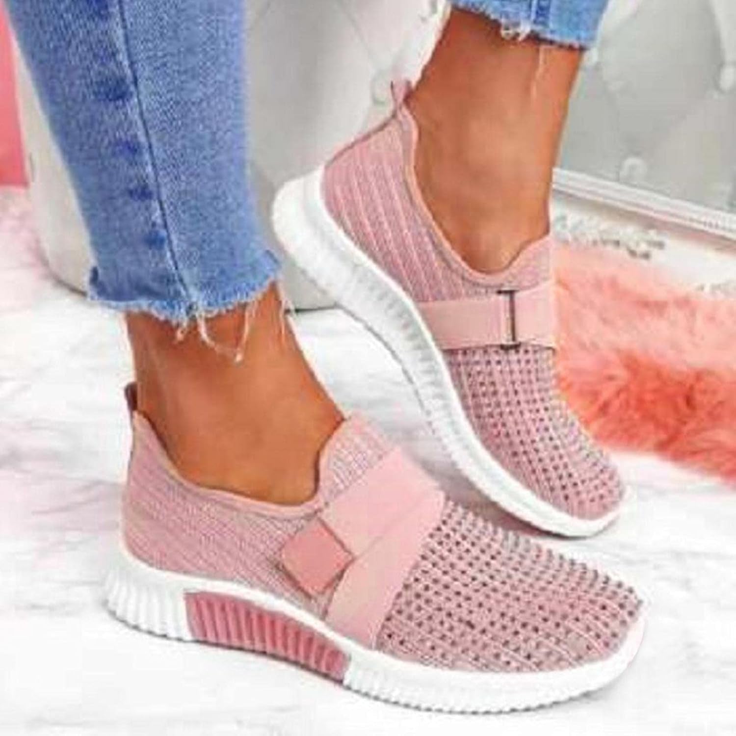 Sneakers for Women Slip on Summer Hollow Out Flat Fashion Loafers Ladies Breathable Lightweight Walking Shoes Pink