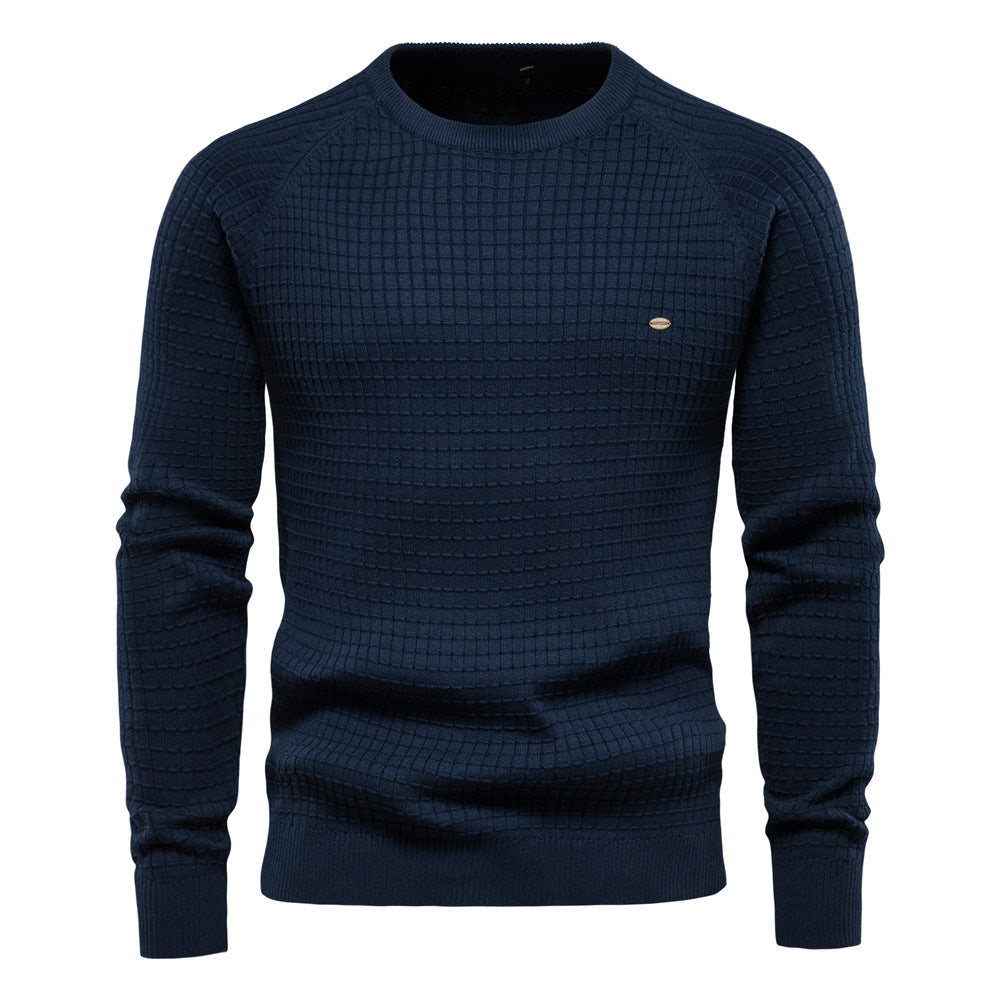 European Size Autumn And Winter New Cotton Sweater Men's Solid Color Bottoming Plaid Pullover Sweater For Men