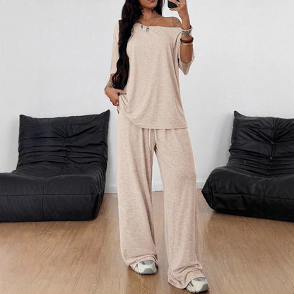 Women's Casual Solid-Color Sports Two-Piece Set With Loose-Fit Trousers