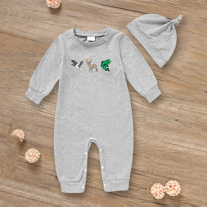Newborn Baby Boy Outfits Long Sleeve Animal Print Romper & Hat 2Pcs Fall Winter Clothes Set