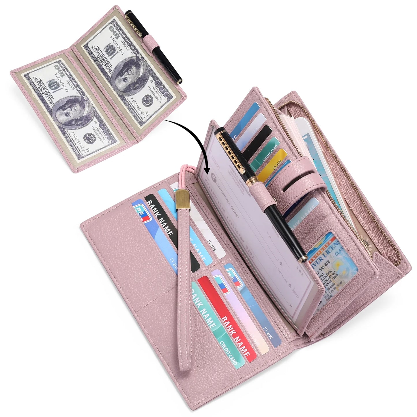 Women Wristlet Wallets Large Capacity RFID Blocking Leather Wallets Credit Cards Organizer with Checkbook Holder