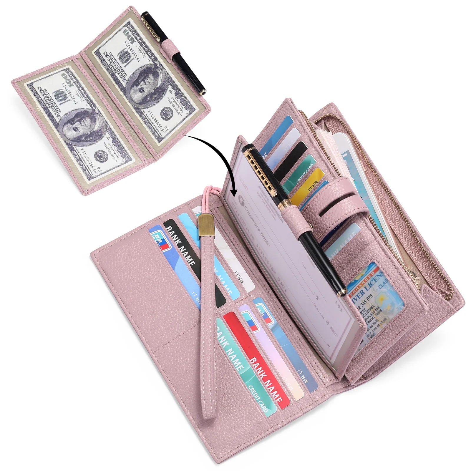 Women Wristlet Wallets Large Capacity RFID Blocking Leather Wallets Credit Cards Organizer with Checkbook Holder