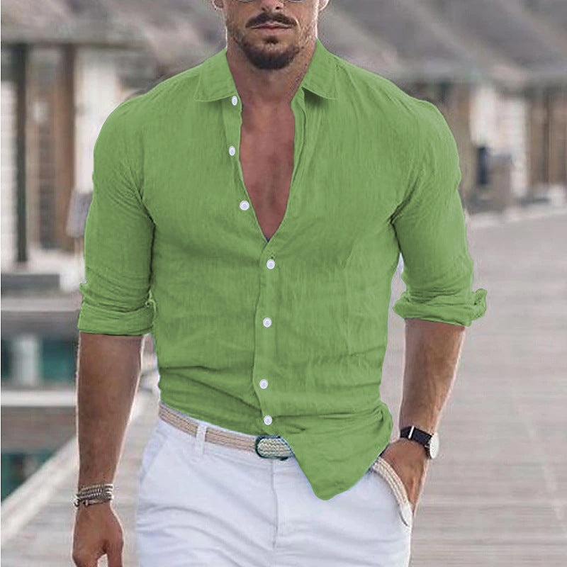 Men's Cotton And Linen Lapel Long Sleeve Solid Color Shirt