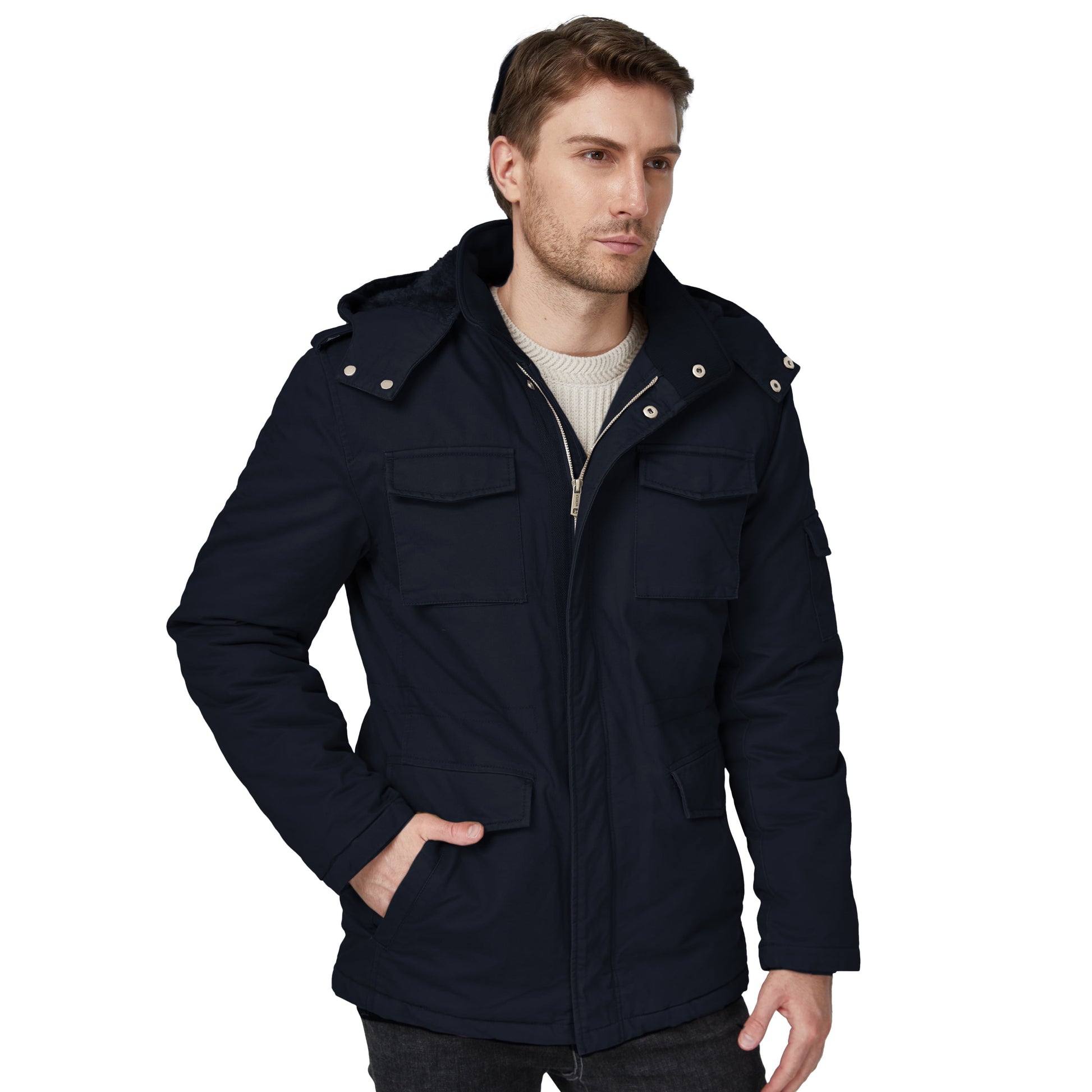 Men'S Winter Coat Warm Puffer Jacket Hooded Windproof Ski Outerwear Jacket Navy M