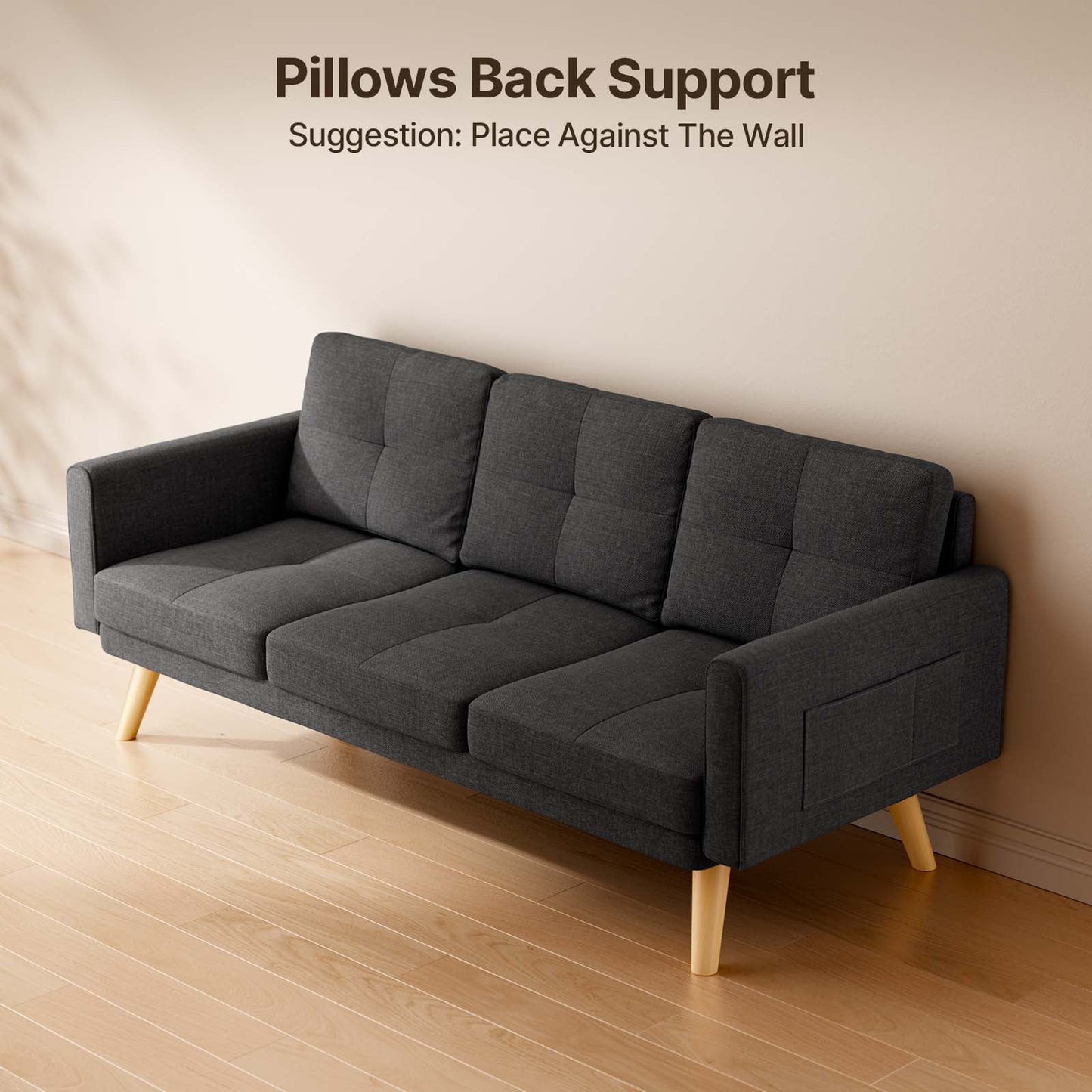 68"  and Couch with Side Storage Pocket and 4" Thick Cushions for Living Room, Dark Gray Modern Home Furniture