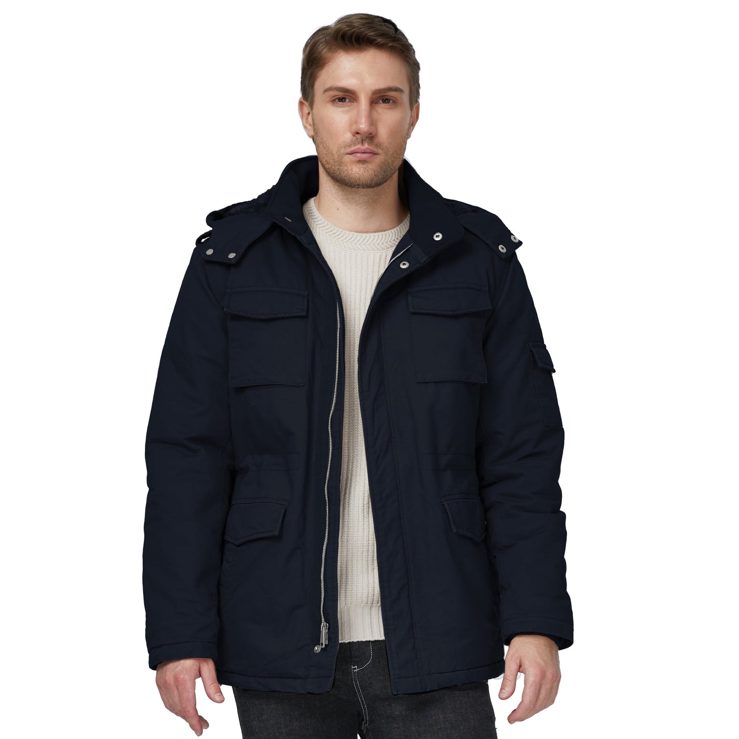 Men'S Winter Coat Warm Puffer Jacket Hooded Windproof Ski Outerwear Jacket Navy M